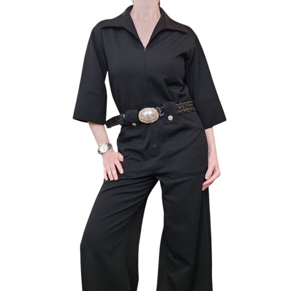 70s Womens Jumpsuit Black Wide Leg Zipup Polyester Disco Bellbottom Sz M 8 10 - Picture 2 of 12